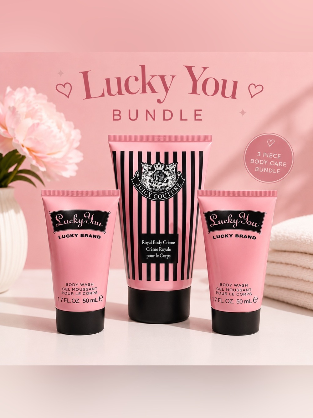 Juicy Couture Lucky You Body Care Bundle 3 Pc Set Body Wash & Royal Body Crème